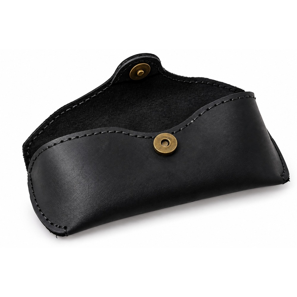 Handmade Black Genuine Leather Eyeglasses Sunglasses Case Snap Closure 6.5"